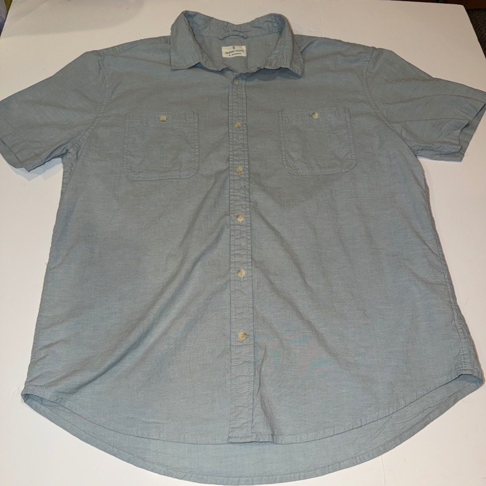 Mutual Weave Button Down Shirt Mens XL Blue Short Sleeve Cotton Stretch Pockets